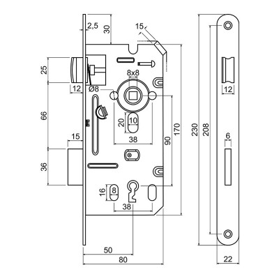 Z.301-BB.90/50/22.PL.CE broască ușă,, Tastă stilou BB